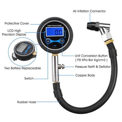 4 Units Switchable Digital LCD Tyre Tire Air Pump Pressure Gauge Tester