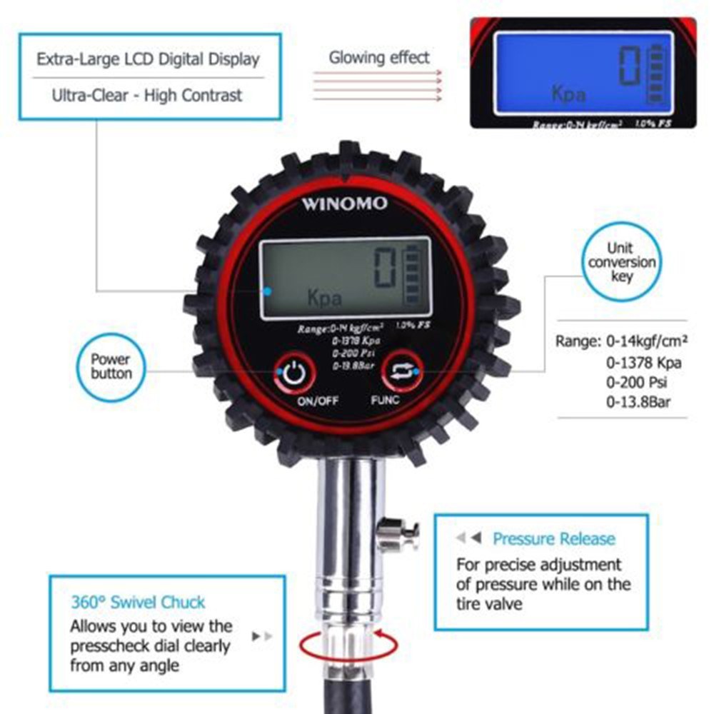 4 Units Switchable Digital LCD Tyre Tire Air Pump Pressure Gauge Tester