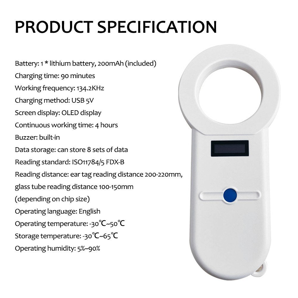 USB Charging Sensitive Digital Handheld Pet Scanner ISO11784/5 Animal Pet ID Reader Chip Transponder Microchip Scanner for Dog Cat Horse