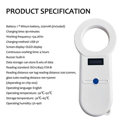 USB Charging Sensitive Digital Handheld Pet Scanner ISO11784/5 Animal Pet ID Reader Chip Transponder Microchip Scanner for Dog Cat Horse