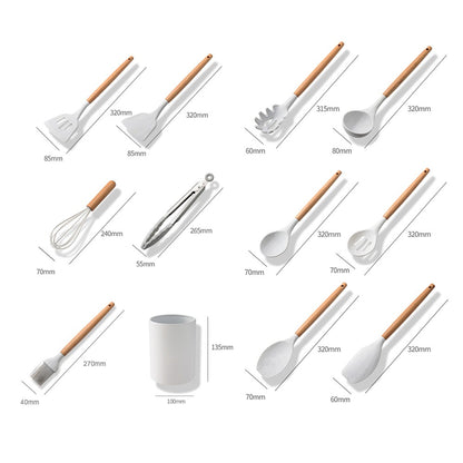 11PCS Silicone Cooking Utensil Set Non-stick Kitchen Utensils with Wooden Handle