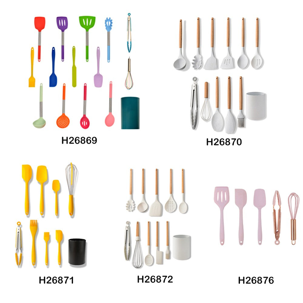 11PCS Silicone Cooking Utensil Set Non-stick Kitchen Utensils with Wooden Handle