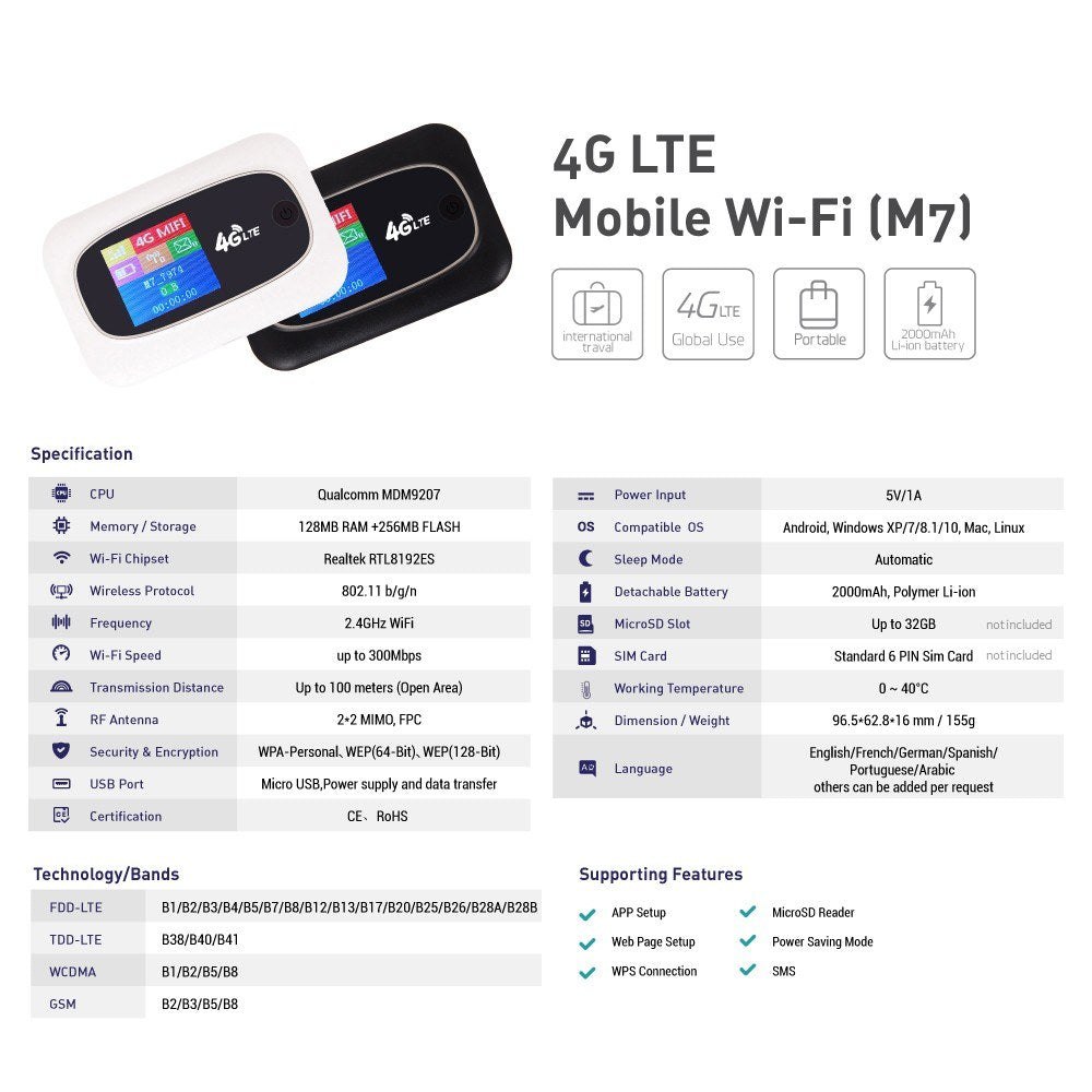 4G LTE CAT4 150Mbps Mobile WiFi Portable Hotspot Portable WiFi Wireless Wifi Router Portable Router with SIM Card Slot