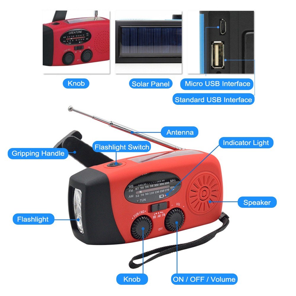 Portable Radio with AM/FM Flashlight Reading Lamp NOAA Weather Mobile Power Source