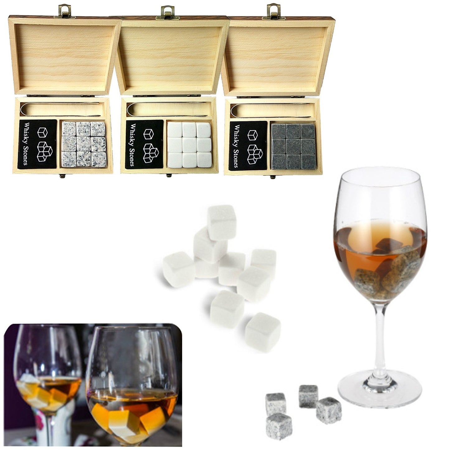 9PCS Whiskey Stones Set Chilling Stones Wooden Box Chilling Rocks Reusable Ice Cubes