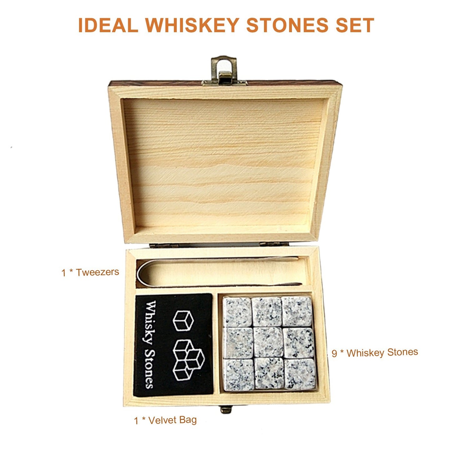 9PCS Whiskey Stones Set Chilling Stones Wooden Box Chilling Rocks Reusable Ice Cubes