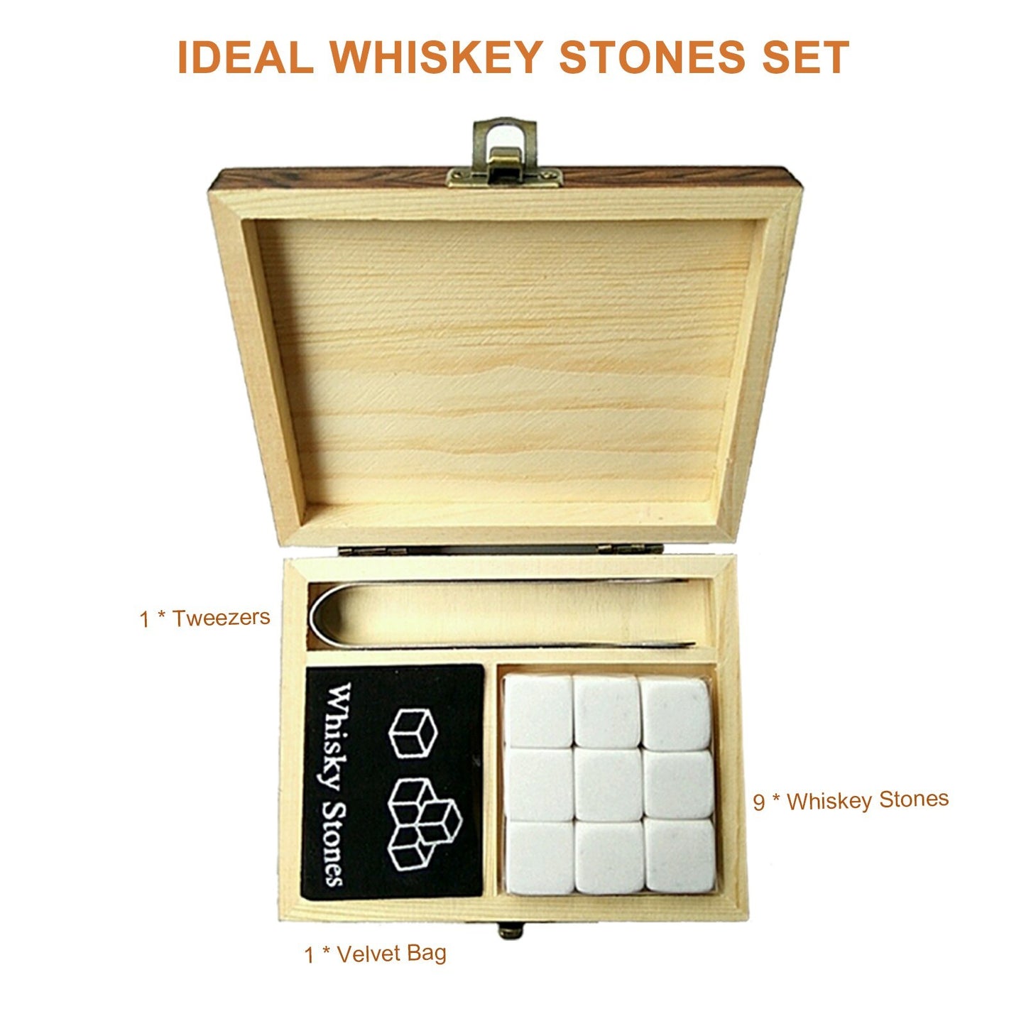 9PCS Whiskey Stones Set Chilling Stones Wooden Box Chilling Rocks Reusable Ice Cubes