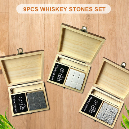 9PCS Whiskey Stones Set Chilling Stones Wooden Box Chilling Rocks Reusable Ice Cubes