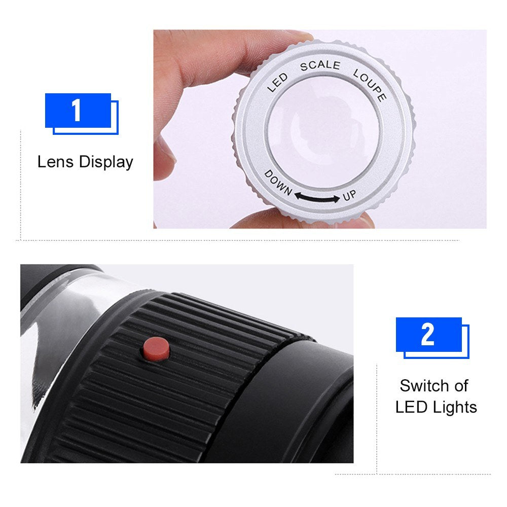 LED Scale Loupe 30X Adjustable Magnification Magnifier Metal Cylinder Type Mirror