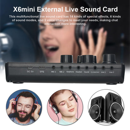 X6mini External Live Sound Card Mini Sound Mixer Board for Karaoke Singing Live Streaming Music Recording 7 Adjustable Buttons with 14 Special Effects BT Connection - Black