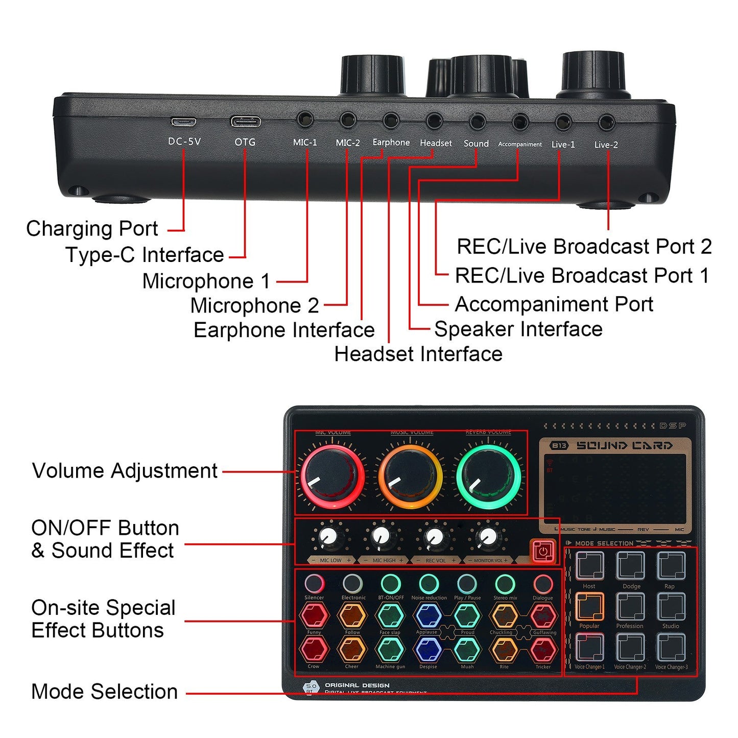 X6mini External Live Sound Card Mini Sound Mixer Board for Karaoke Singing Live Streaming Music Recording 7 Adjustable Buttons with 14 Special Effects BT Connection - Black