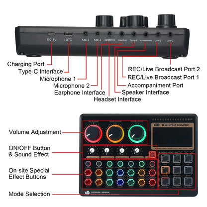 X6mini External Live Sound Card Mini Sound Mixer Board for Karaoke Singing Live Streaming Music Recording 7 Adjustable Buttons with 14 Special Effects BT Connection - Black