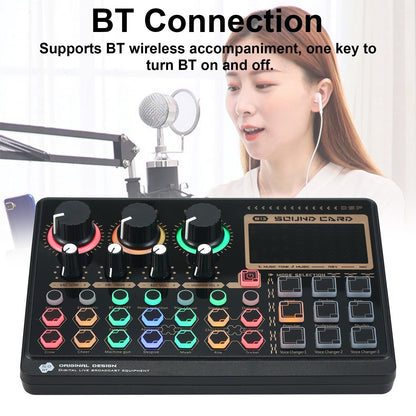 X6mini External Live Sound Card Mini Sound Mixer Board for Karaoke Singing Live Streaming Music Recording 7 Adjustable Buttons with 14 Special Effects BT Connection - Black