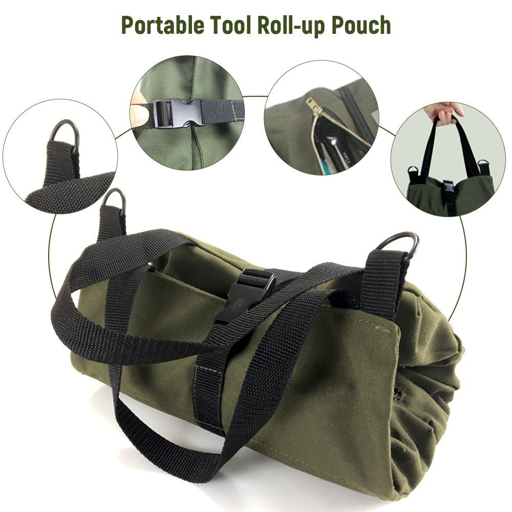 PENGGONG Roll Up Tool Bag Tool Storage Bag Multi-Purpose 5 Pockets Canvas Tool Roll Organisers Portable Tool Pouch