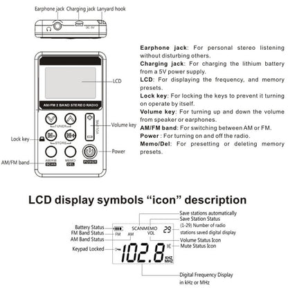 HanRongDa HRD-103 Portable AM FM Digital Radio Rechargeable LCD Screen 2 Band Stereo Receiver Pocket Radio with Earphone and Lanyard