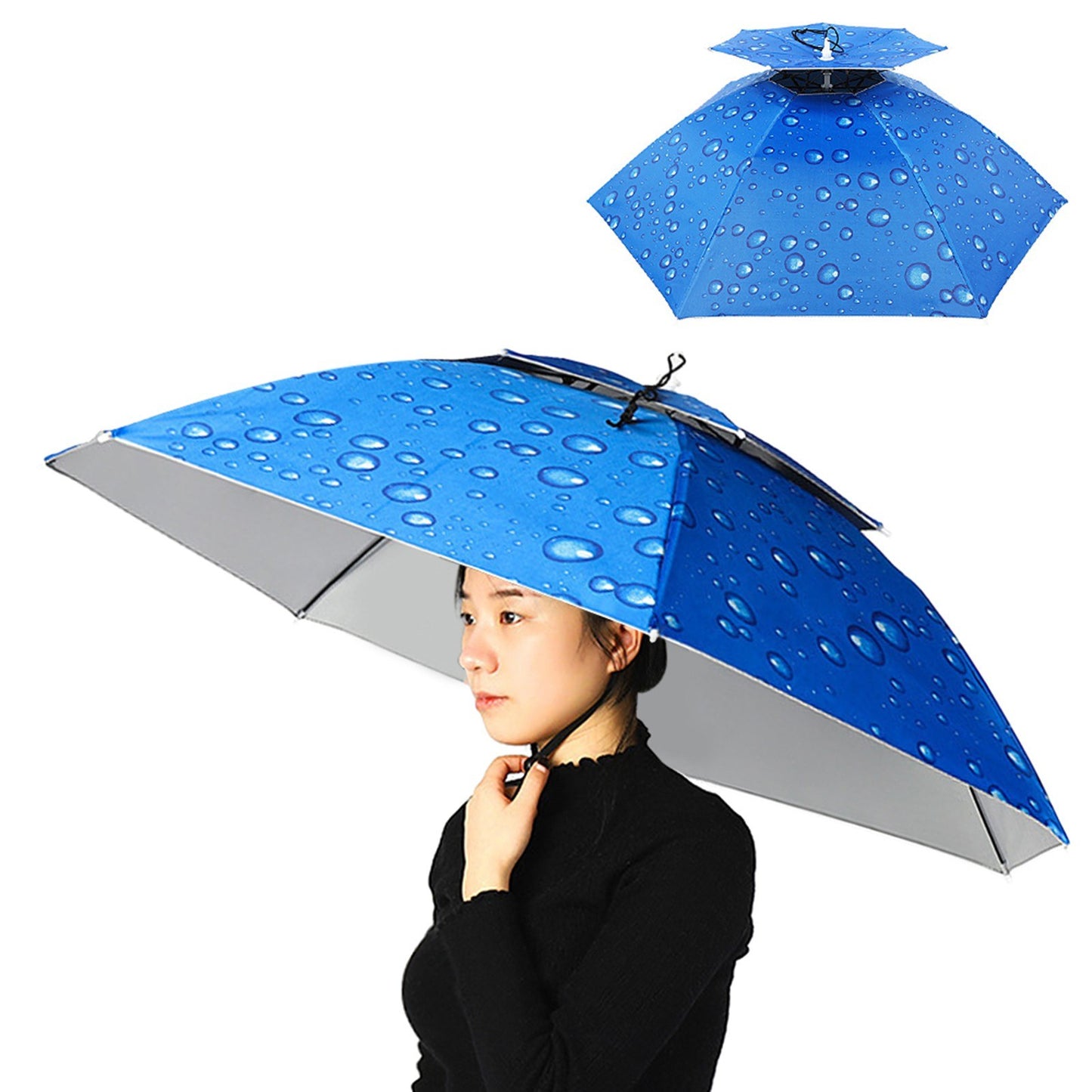 Double Layer Umbrella Hat Folding Sun Rain Cap with Adjustable Head Band for Fishing Camping Hiking