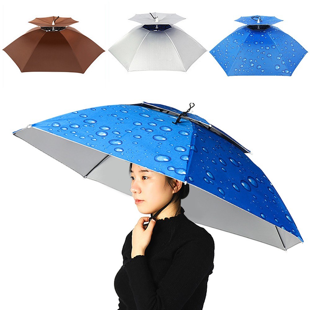 Double Layer Umbrella Hat Folding Sun Rain Cap with Adjustable Head Band for Fishing Camping Hiking