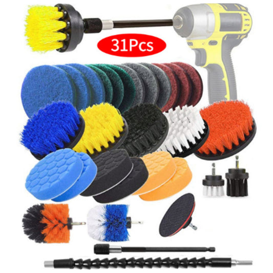 31Pcs/Set Electric Drill Brush Include Clean Cloth Scrub Pads Sponge Power Scrubber Brush with Rotate Extend Long Attachment Clean Tool