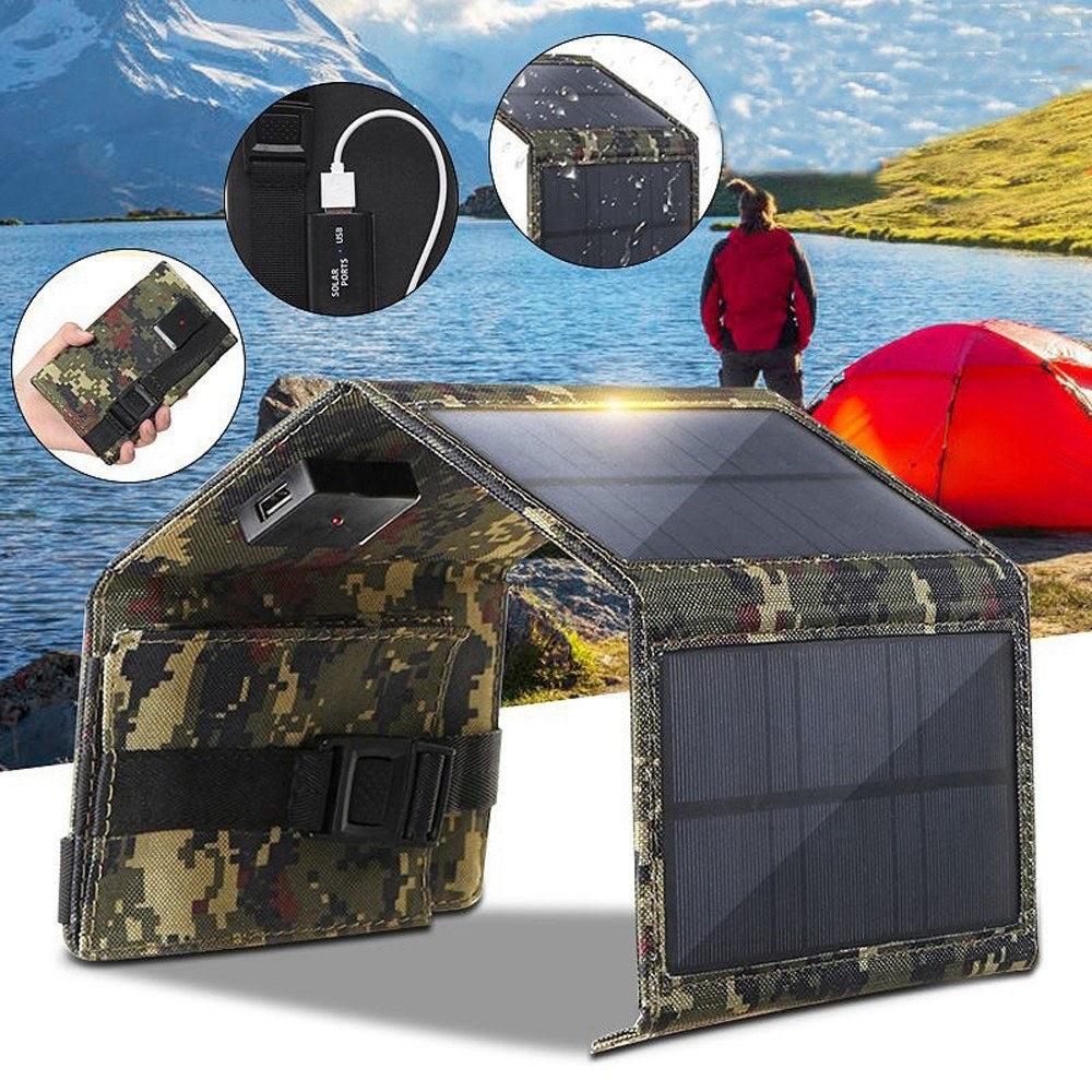 5V 10W USB Solar Charger Portable Outdoor Waterproof Solar Battery Charger USB Phone Charging Power Bank with 4 Solar Panels