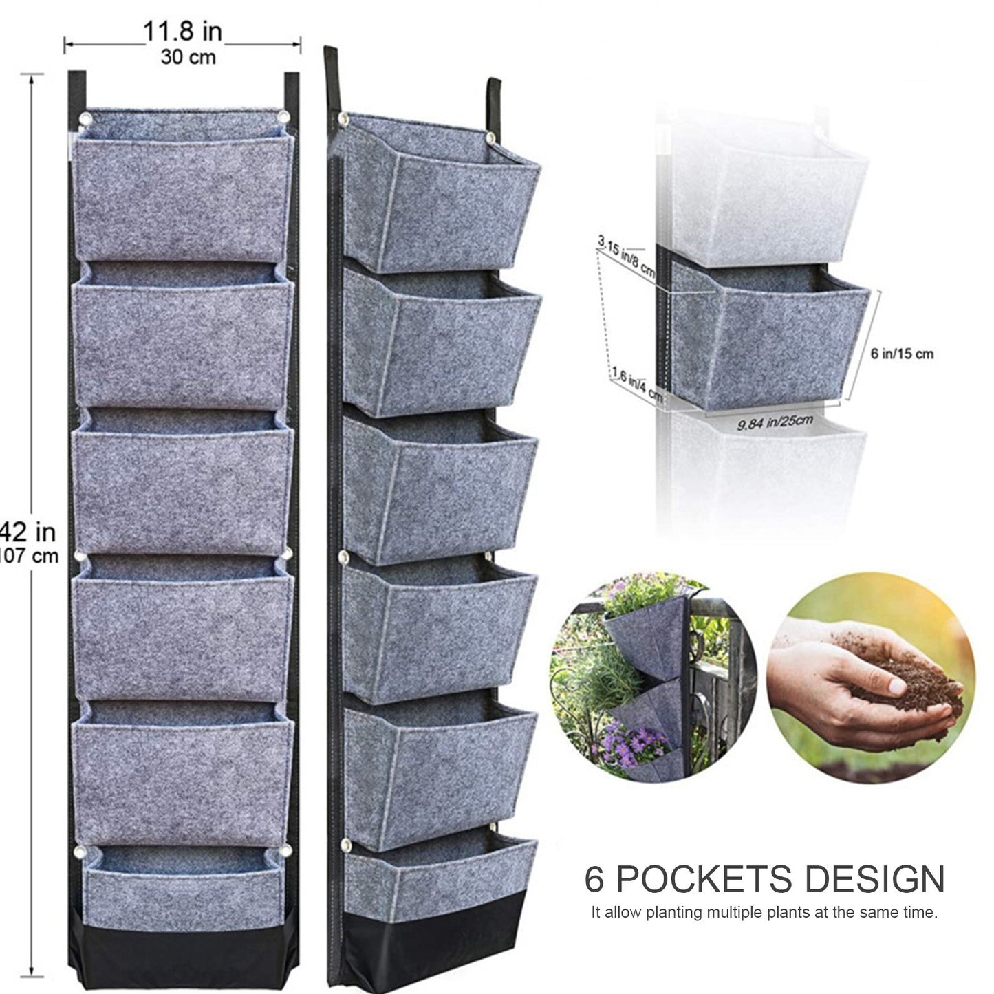 Hanging Planter Bag with 6 Pockets Vertical Gardening Systems Waterproof Wall Mount Flower Garden Vegetable Planting Bags for Patio House Balcony