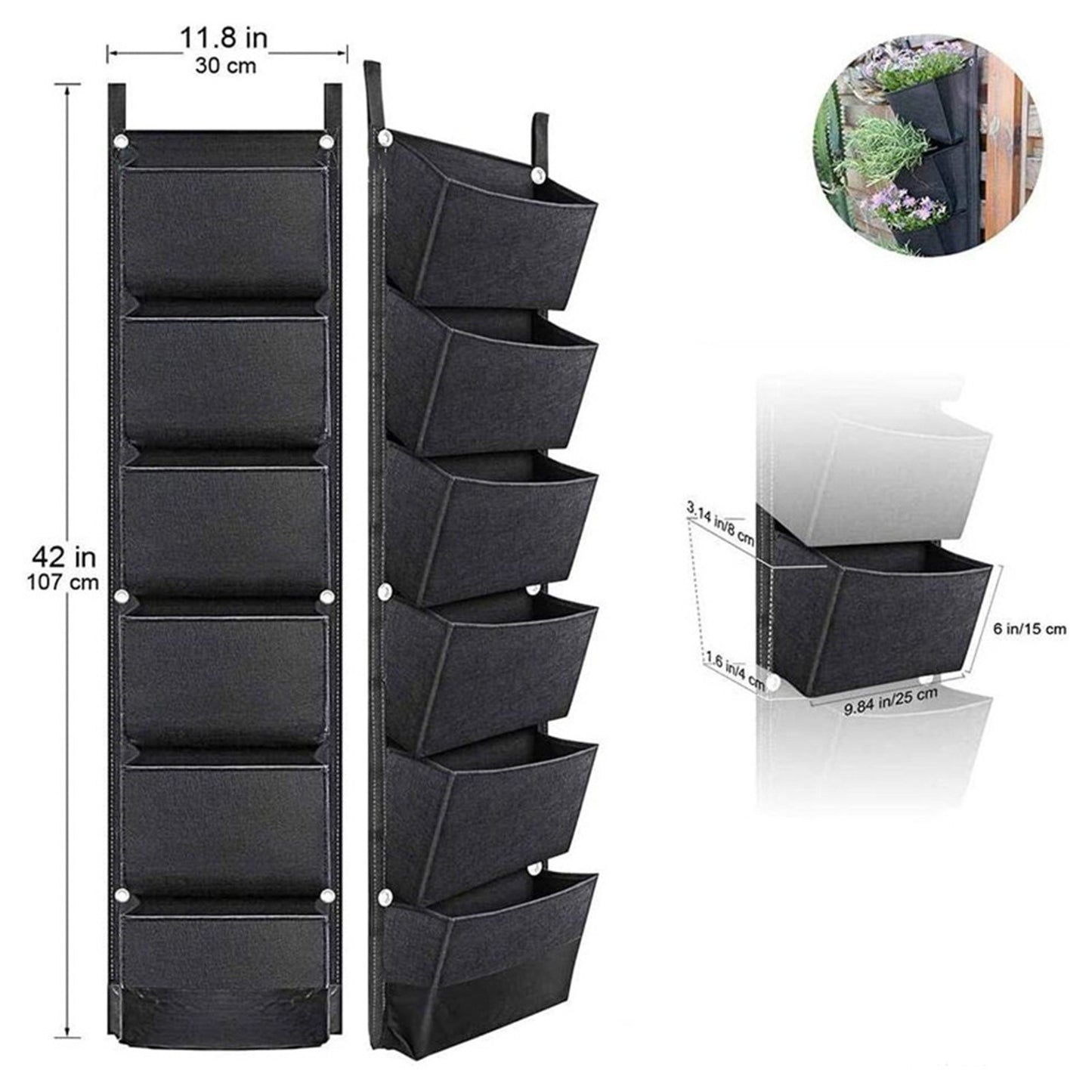 Hanging Planter Bag with 6 Pockets Vertical Gardening Systems Waterproof Wall Mount Flower Garden Vegetable Planting Bags for Patio House Balcony