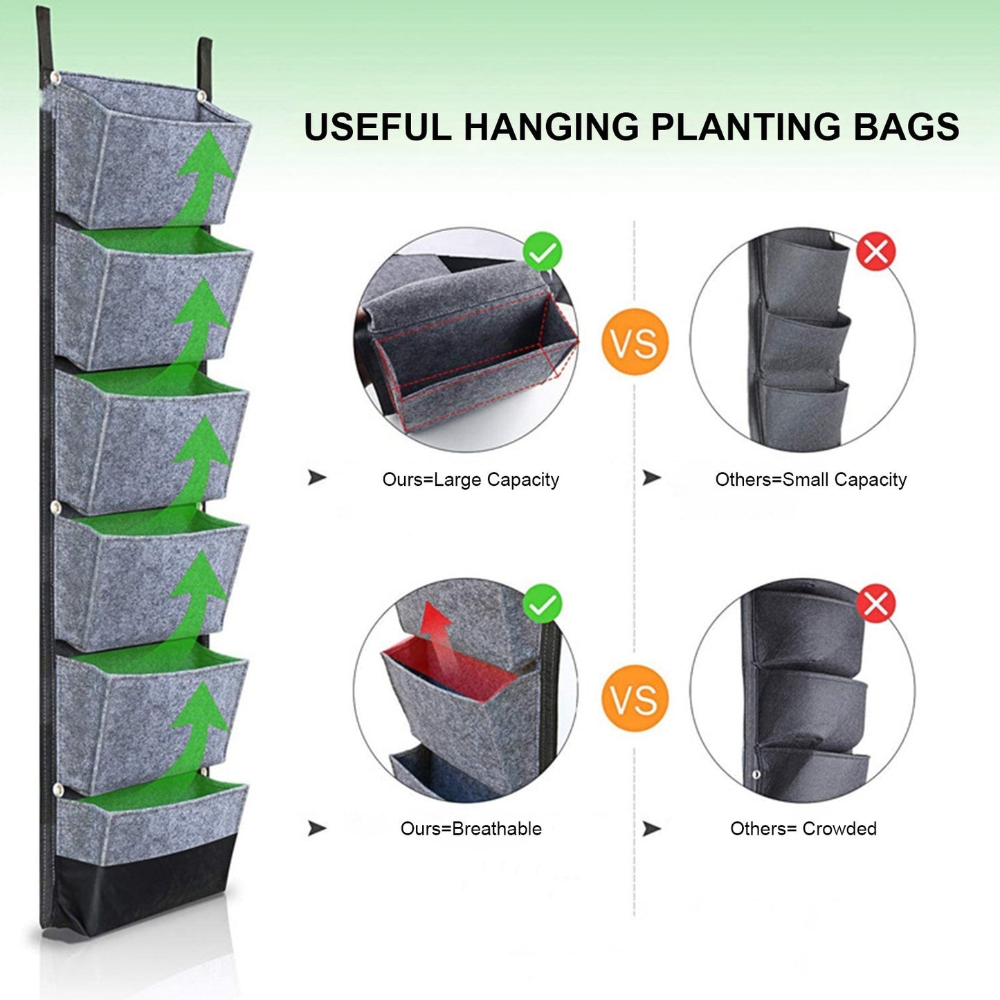 Hanging Planter Bag with 6 Pockets Vertical Gardening Systems Waterproof Wall Mount Flower Garden Vegetable Planting Bags for Patio House Balcony