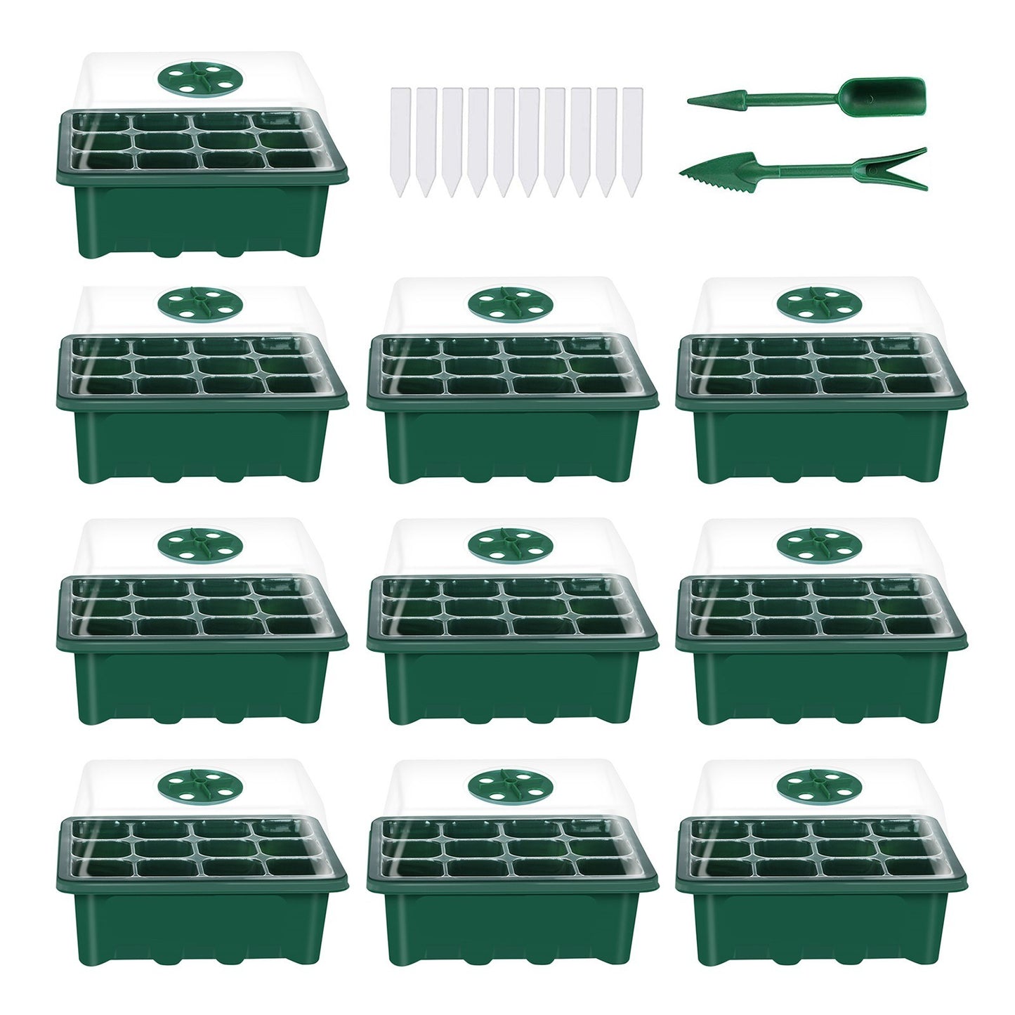 10 Set Seed Trays Moisturizing Seedling Starter Tray (12 Cells per Tray)with Adjustable Dome Lids and Base Plus Plant Tags