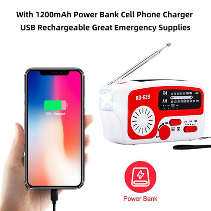 RD-639 AM/FM Emergency Radio Hand Crank Radio with Flashlight for SOS Emergency Portable Solar Radios Self Powered AM/FM Radio with 1200mAh Power Bank Cell Phone Charger USB Rechargeable Great Emergency Supplies (No Battery)