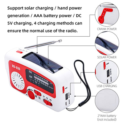 RD-639 AM/FM Emergency Radio Hand Crank Radio with Flashlight for SOS Emergency Portable Solar Radios Self Powered AM/FM Radio with 1200mAh Power Bank Cell Phone Charger USB Rechargeable Great Emergency Supplies (No Battery)