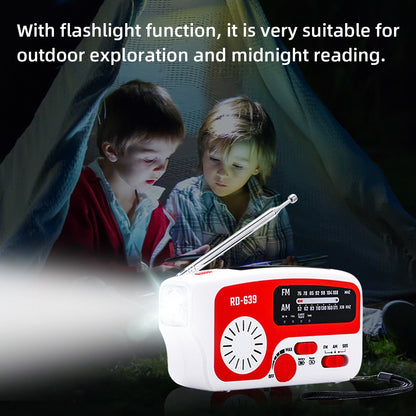 RD-639 AM/FM Emergency Radio Hand Crank Radio with Flashlight for SOS Emergency Portable Solar Radios Self Powered AM/FM Radio with 1200mAh Power Bank Cell Phone Charger USB Rechargeable Great Emergency Supplies (No Battery)