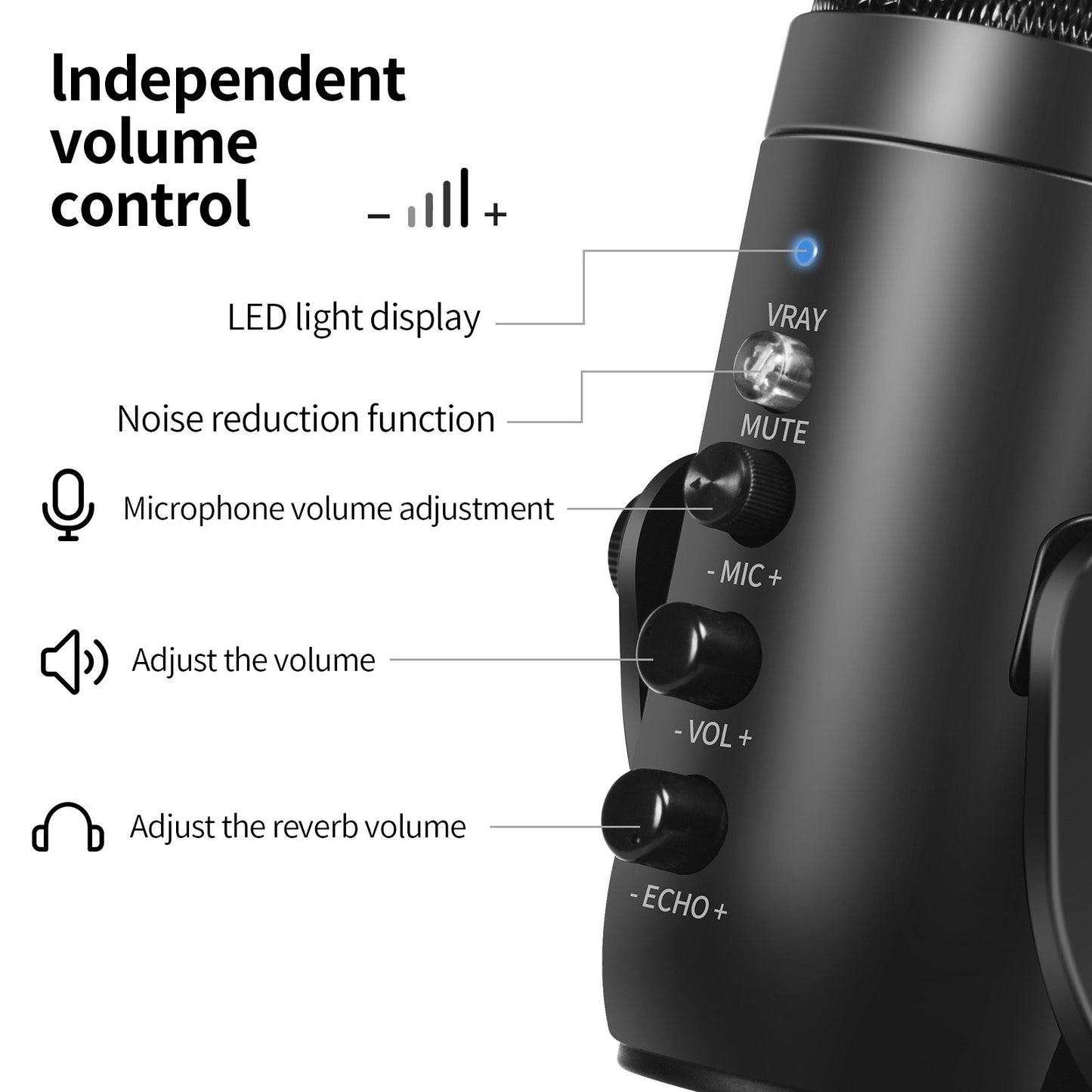 USB Condenser Microphone Computer PC Mic with Noise Cancelling Mute Button and Stand for Recording Streaming Gaming Podcasting - Black