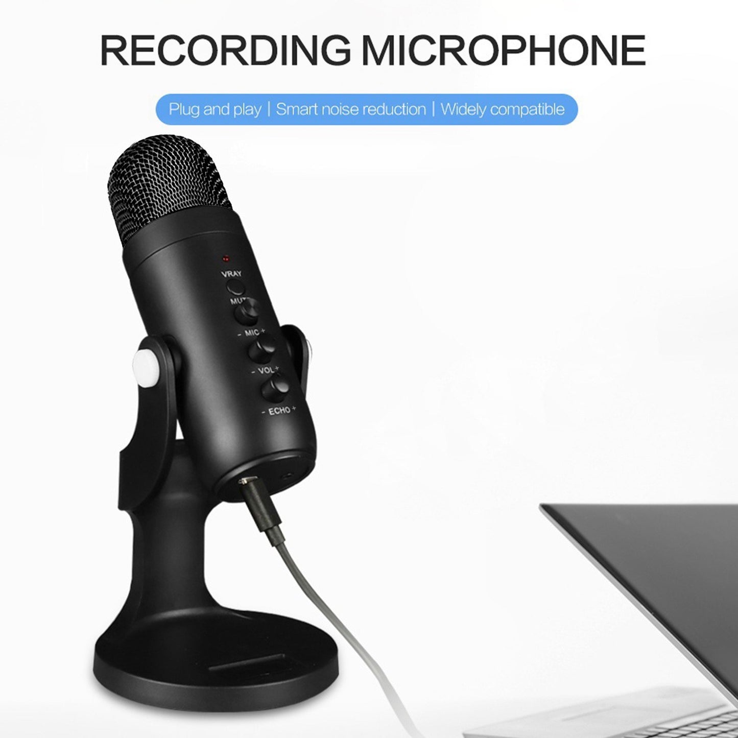 USB Condenser Microphone Computer PC Mic with Noise Cancelling Mute Button and Stand for Recording Streaming Gaming Podcasting - Black