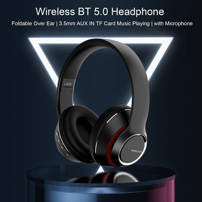 L500 Bluetooth 5.0 Wireless Headphone Over Ear Headset Stereo Deep Bass Sports Music Earphone 3.5mm AUX IN TF Card MP3 Player with Mic - Black