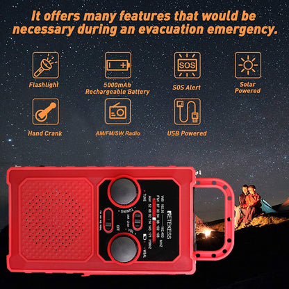 RETEKESS TR201 Emergency FM/AM/WB/WBAL Radio Hand Crank Radio 5000mAh Portable Weather Solar Radios with  LED Flashlight SOS Alarm