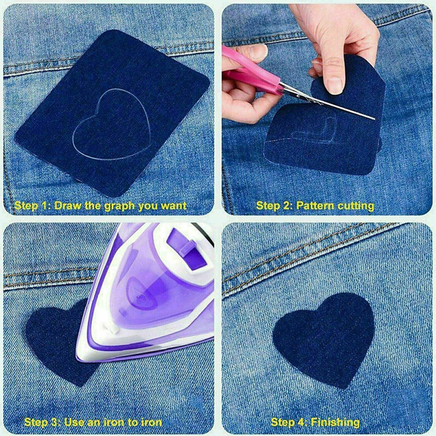 20pcs Iron-on Jean Patches Denim Fabric Patches No-Sew Mending Cloth Knee Pant Patches 4 Sizes for Jeans and Clothing Repair