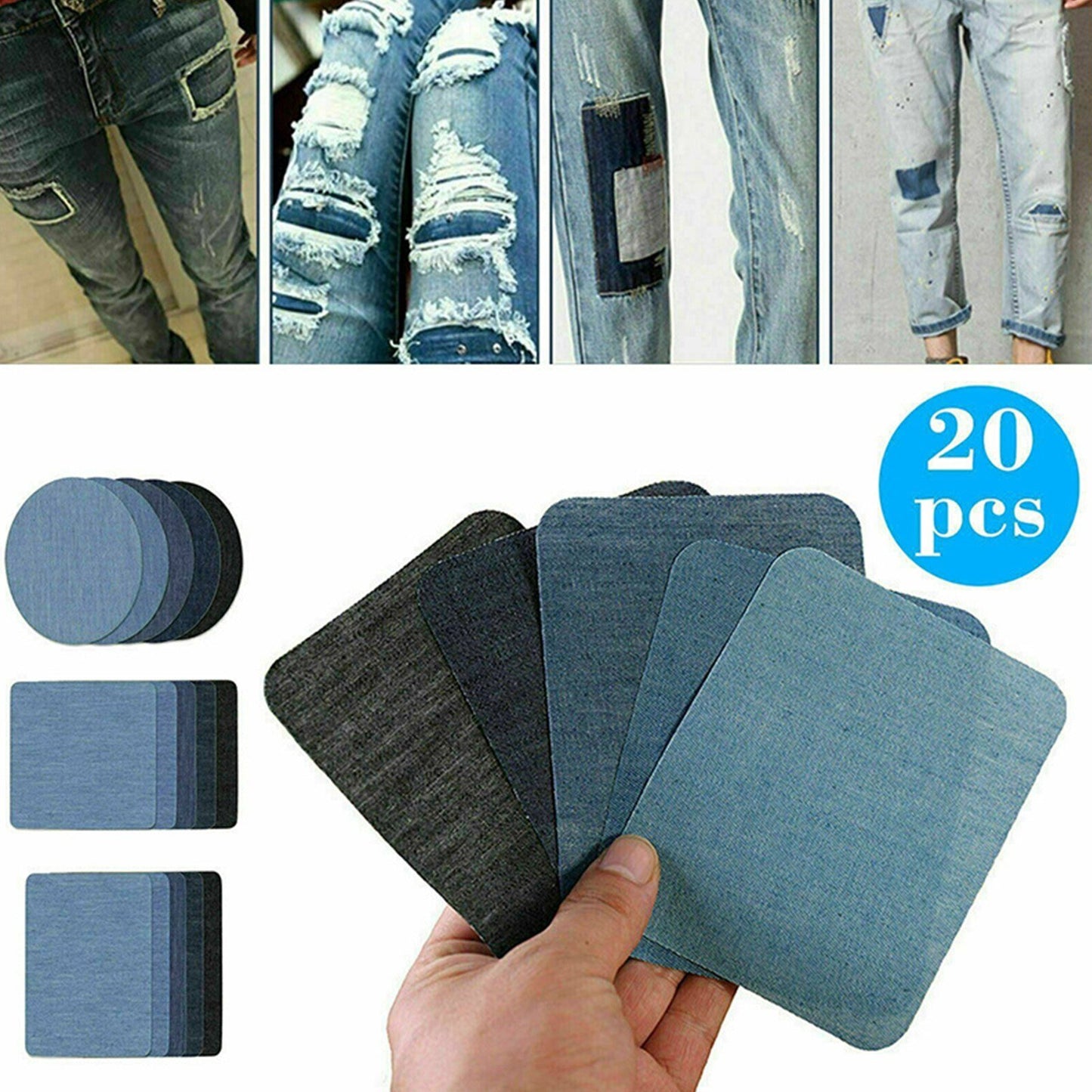 20pcs Iron-on Jean Patches Denim Fabric Patches No-Sew Mending Cloth Knee Pant Patches 4 Sizes for Jeans and Clothing Repair