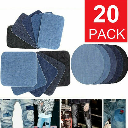 20pcs Iron-on Jean Patches Denim Fabric Patches No-Sew Mending Cloth Knee Pant Patches 4 Sizes for Jeans and Clothing Repair