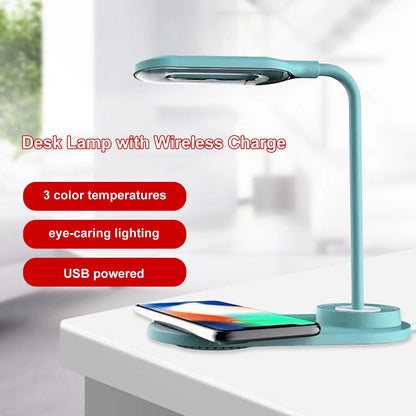 LEDs Desk Lamp with Wirelessly Charge Touching Control 3 Color Temperatures Eye-caring Table Lamp 360-degree Flexible Lighting Angle USB Powered