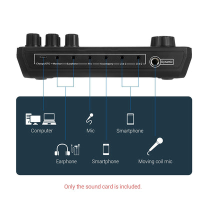 Live Sound Card Portable External Voice Changer Audio Mixer BT Sound Mixer Board with Multiple Sound Effects for Smartphone Computer Live Streaming Broadcast Recording Gaming