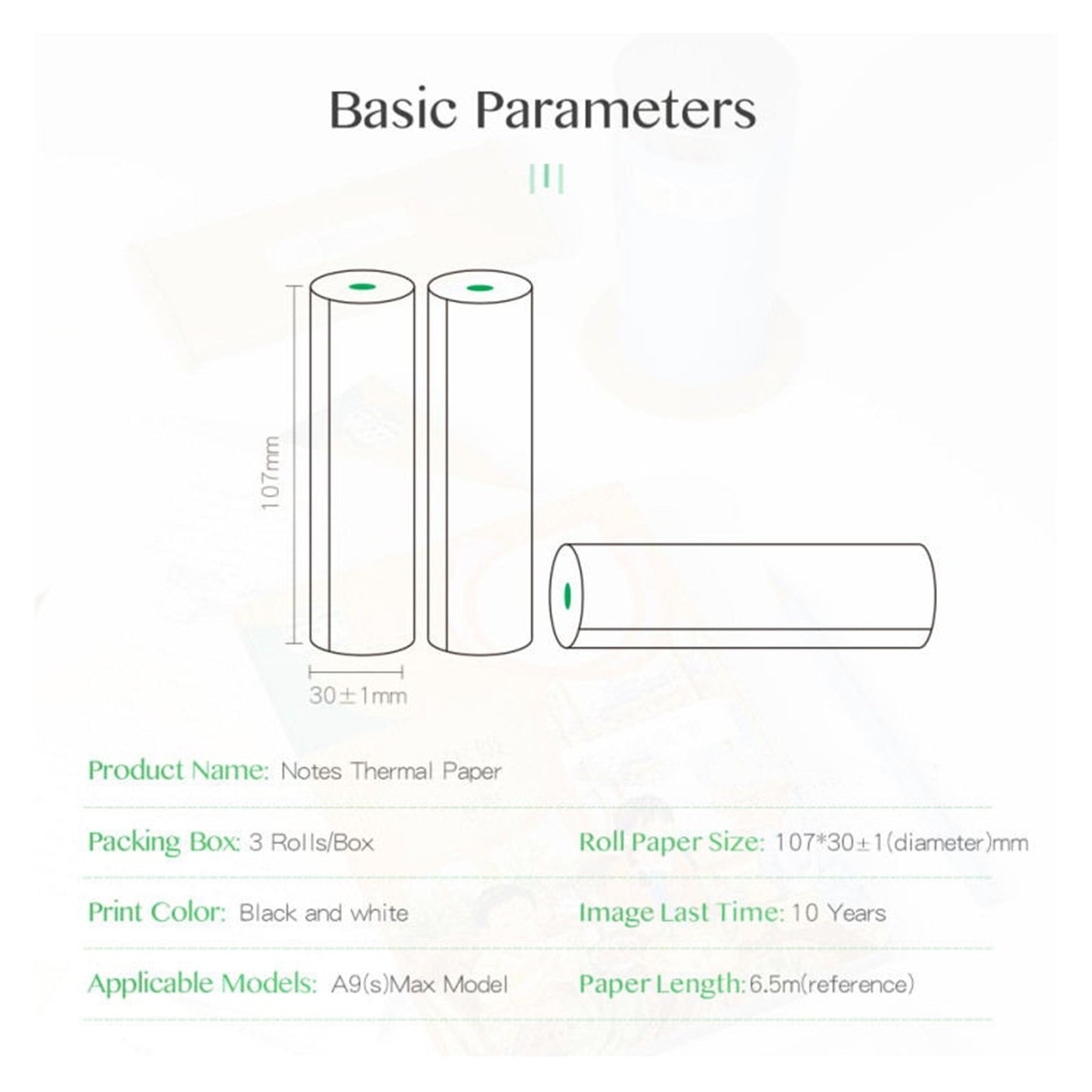 PERIPAGE 3 Rolls Thermal Printing Paper 107X30mm BPA-Free Oil-Proof Printable Paper for PeriPage A9 Max / A9s Max Wireless BT Thermal Mobile Printer