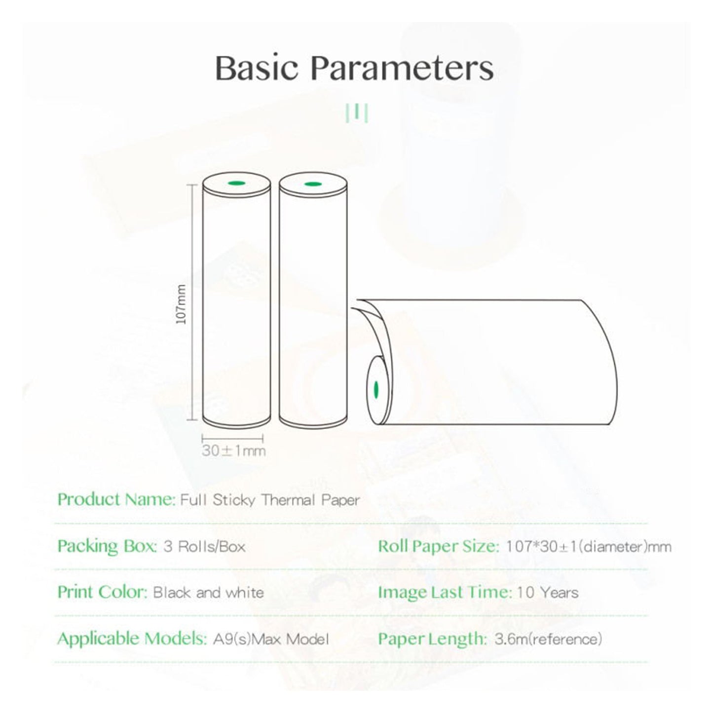 PERIPAGE 3 Rolls Thermal Printing Paper 107X30mm BPA-Free Oil-Proof Printable Paper for PeriPage A9 Max / A9s Max Wireless BT Thermal Mobile Printer