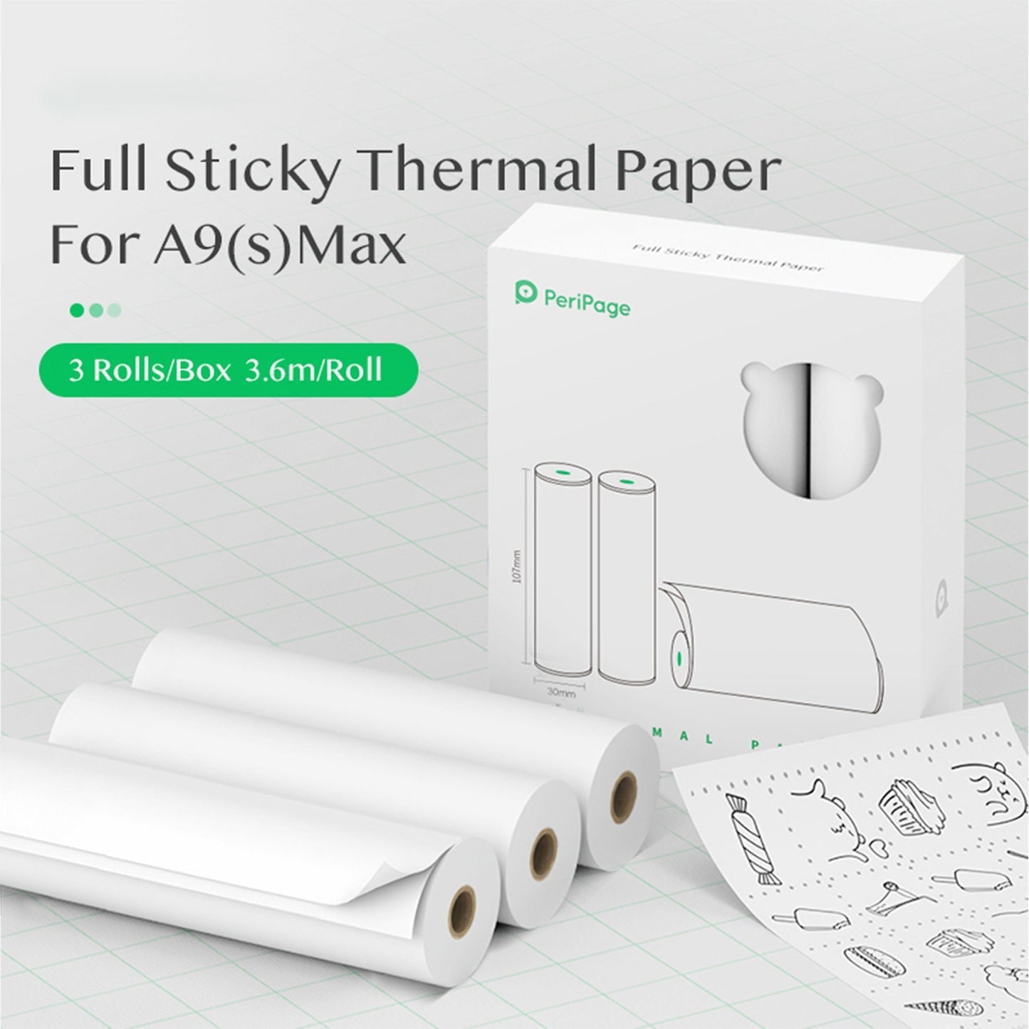 PERIPAGE 3 Rolls Thermal Printing Paper 107X30mm BPA-Free Oil-Proof Printable Paper for PeriPage A9 Max / A9s Max Wireless BT Thermal Mobile Printer