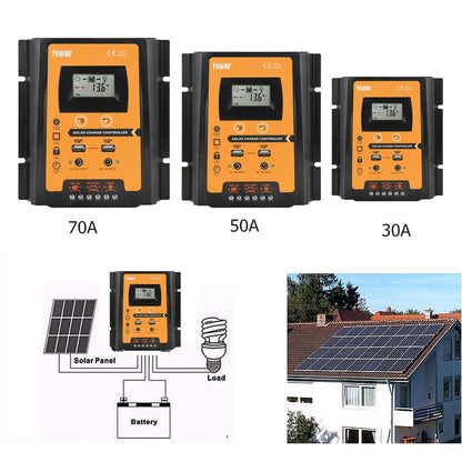 POWMR LCD Display PWM Solar Charge Controller 12V/24V Solar Panel IP32 PV Battery Charge Timer Regulator with Dual USB Port