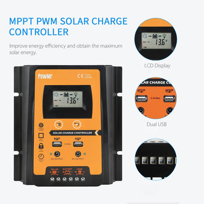 POWMR LCD Display PWM Solar Charge Controller 12V/24V Solar Panel IP32 PV Battery Charge Timer Regulator with Dual USB Port