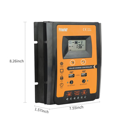 POWMR LCD Display PWM Solar Charge Controller 12V/24V Solar Panel IP32 PV Battery Charge Timer Regulator with Dual USB Port