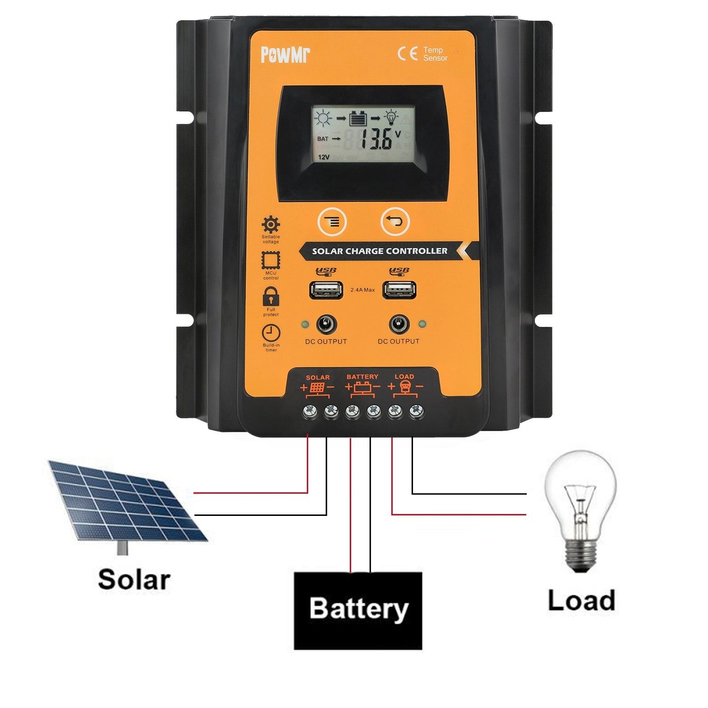 POWMR LCD Display PWM Solar Charge Controller 12V/24V Solar Panel IP32 PV Battery Charge Timer Regulator with Dual USB Port