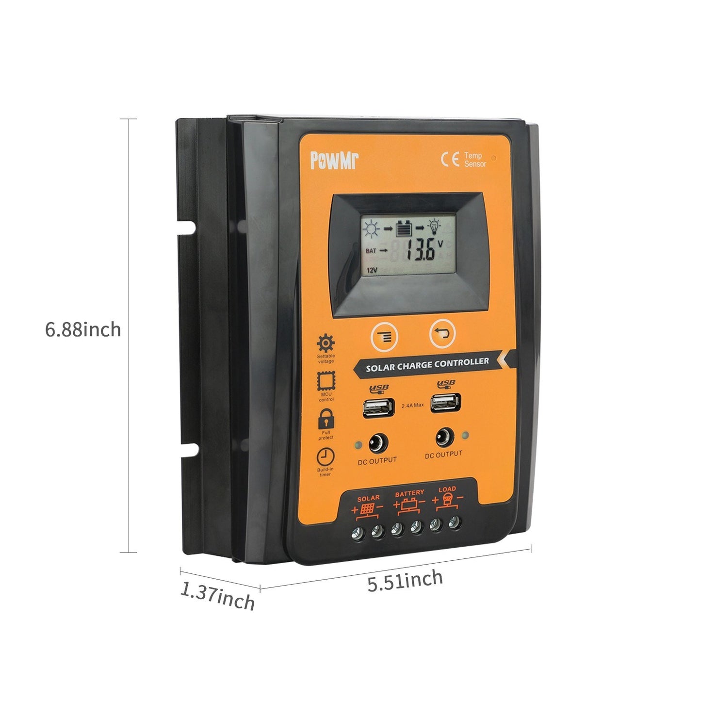 POWMR LCD Display PWM Solar Charge Controller 12V/24V Solar Panel IP32 PV Battery Charge Timer Regulator with Dual USB Port