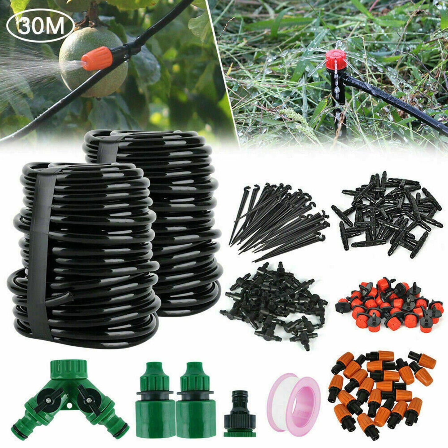 100ft 30M Auto Drip Irrigation System Kit Timer Micro Sprinkler Garden Lawn Watering Device