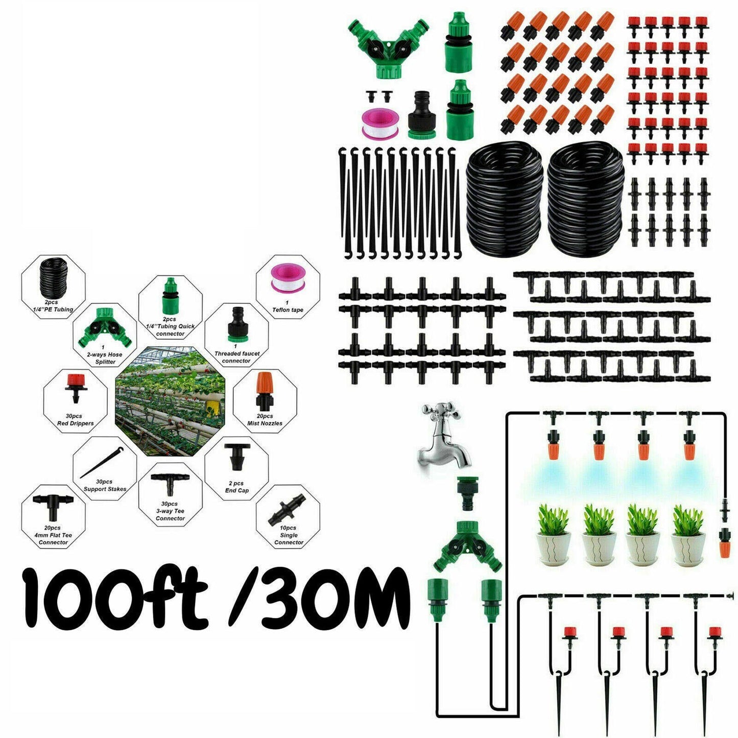 100ft 30M Auto Drip Irrigation System Kit Timer Micro Sprinkler Garden Lawn Watering Device