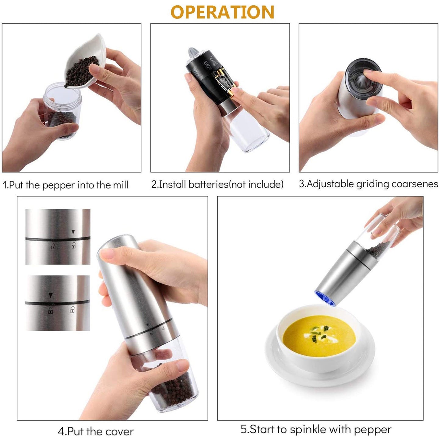 Automatic Salt Pepper Grinder Electric Spice Mill Grinder Seasoning Kitchen Tools with Blue LED Light (without FDA Certification)